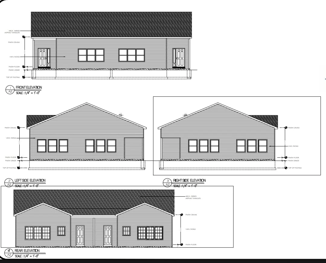 Front, left, right and rear elevation drawings for a New Castle County duplex with architectural asphalt shingles, vinyl siding and gabled end walls