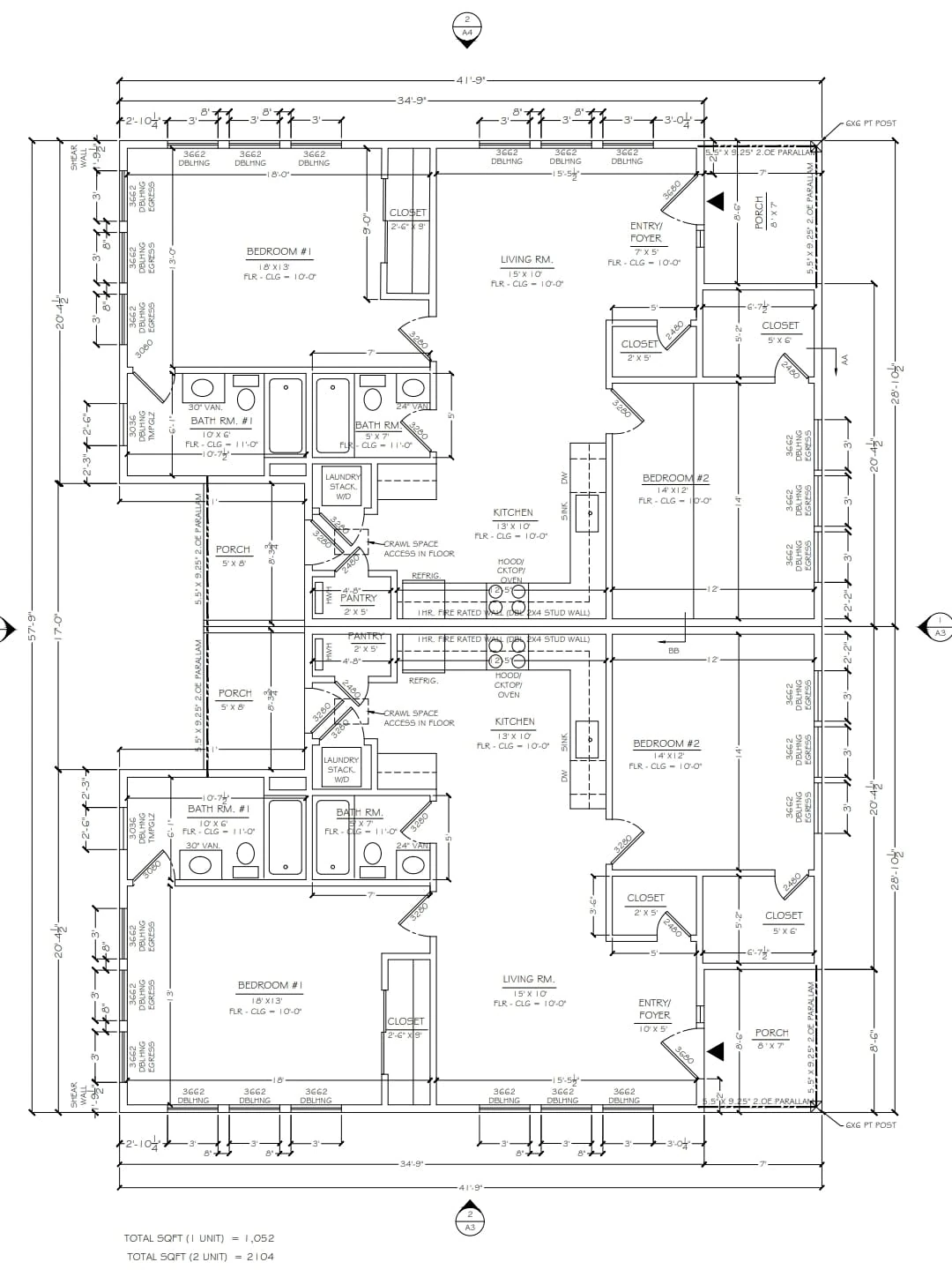 Architectural floor plan for a New Castle County duplex, two mirrored 1,052 square foot units totalling 2,104 square feet, each with two bedrooms, two bathrooms, a 15 by 10 foot living room and a 13 by 10 foot kitchen