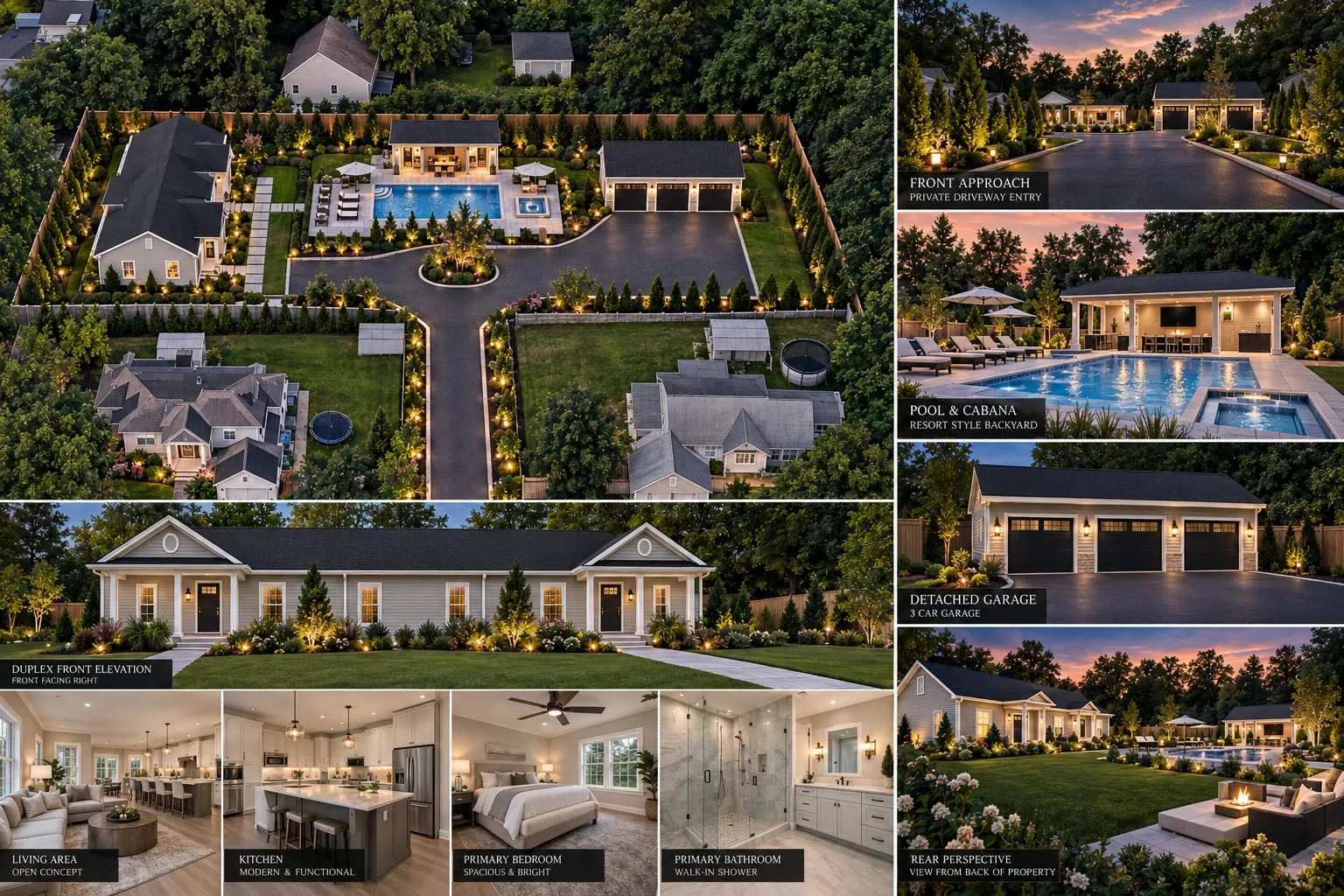 Presentation board for a 1.2 million dollar New Castle County duplex estate: aerial site view with pool and cabana, front approach and private driveway, three-car detached garage, duplex front elevation, and interior views of the open living area, kitchen, primary bedroom and primary bathroom